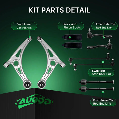 Heavy Duty 10 Piece Front End Suspension Bundle For 2016 2017 Hyundai Sonata parts including control arms and tie rod ends.