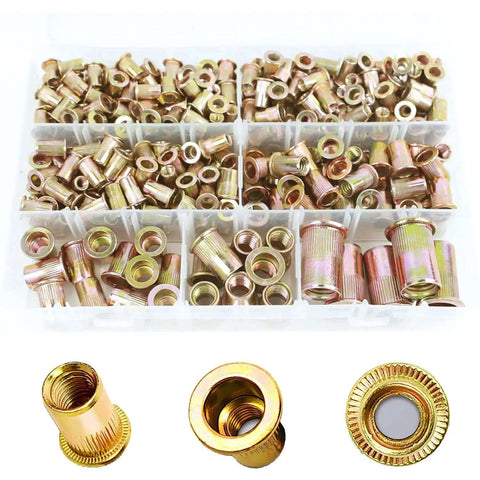 Rivet Nut Kit With 413-Piece SAE UNC Assortment In Zinc Plated Carbon Steel Flat Head Nuts For Auto And DIY Projects