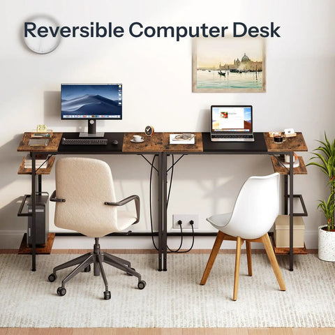 Compact computer desk with built-in charging station and USB ports, modern desk with rustic brown and black finish, two shelves