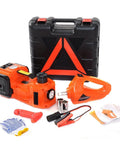 Rock Solid Electric Car Jack Kit Lifting Five Ton Loads With Effortless Twelve Volt Hydraulic Pressure Comes Loaded With An Inflatable Pump And Torque Wrench For Easy Peasy Tire Swaps And Road Warrior Fixes set in a sturdy carrying case with tools.