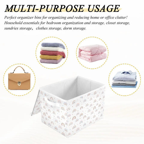 Heavy Hitter Collapsible Storage Bin With Secure Flip Top Lid And Reinforced Carry Handles For Bedroom Walk In Closet Living Room And Home Office Quick Setup No Sweat Compact Fold Toy Box Organizer with folded linens.