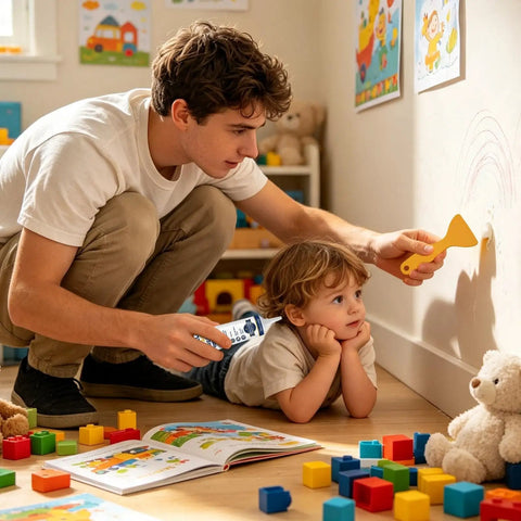Father and child using Two Piece Drywall Repair Paste Kit With Heavy Duty Scraper for patching wall holes. Child watching.