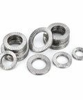 Rock Solid Heavy Duty Wedge Lock Washers Din 25201 Vibration Proof Double Sided Fasteners 304 Stainless Steel ten pack stacked together.