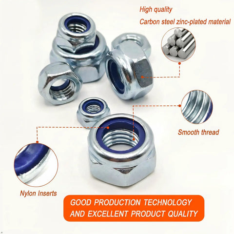 One Hundred Pack M3 And M6 Nylon Insert Hex Lock Nuts milled from tough carbon steel zinc coated, showing blue nylon inserts.