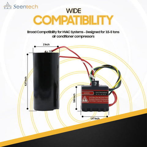 Heavy Duty Hard Start Capacitor Kit For HVAC AC Compressors 189 To 227 Mfd And 208 To 240 Volt showing dimensions and connection details.
