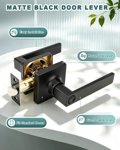 Sleek Matte Black Privacy Door Levers Interior Handles With No Sweat Keyless Lock For Bedroom And Bath Sharp Straight Pro Level Setup Ready To Go 10 Pack, detailed view of lever design with easy installation features.