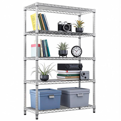 Five Tier Heavy Duty Wire Shelving Unit Adjustable Metal Storage Rack Tough As Nails Handles Massive 1750 Pound Loads with books and plants