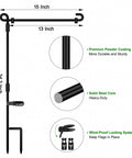 Heavy Duty Garden Flag Stand With Collapsible Steel Holder Pole Weatherproof Coating And Locking Spring Clips For Top Tier Outdoor Decor Without The Flag Hassle Free Setup Yard Ready Gear dimensions of 34.3 inch height and 15 inch width.