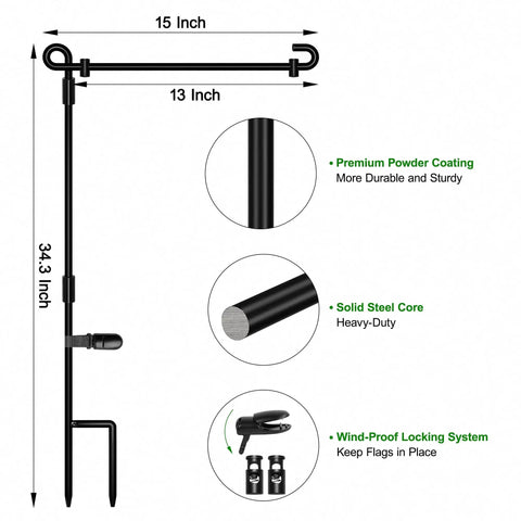 Heavy Duty Garden Flag Stand With Collapsible Steel Holder Pole Weatherproof Coating And Locking Spring Clips For Top Tier Outdoor Decor Without The Flag Hassle Free Setup Yard Ready Gear dimensions of 34.3 inch height and 15 inch width.