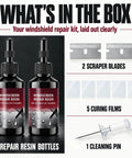 Windshield Crack Repair Kit 2 Pack Straight Up Solid Auto Glass Fix Tool That Smooths Out Chips Clean and includes resin bottles and tools.