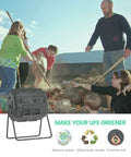 Upgraded Dual Chamber Tumbling Compost Bin With Built In Thermometer For Backyard Garden Vibe 43 Gallon Green shown in garden scene
