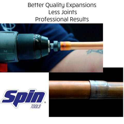 Close-up of Five Piece Drill Bit Flaring Set for Copper and Aluminum Tubes in use on copper pipe with Spin Tools logo.