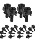 Rock Solid M5x25 Black Rack Mount Screws With Floating Cage Nuts For Standard 19 Inch Server Racks, showing four black rack screws and multiple cage nuts.