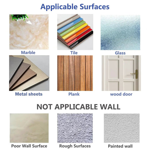 Applicable and non-applicable surfaces for Heavy Duty No Drill Adhesive Wall Hooks 13Lb Load, including marble, tile, glass, and more