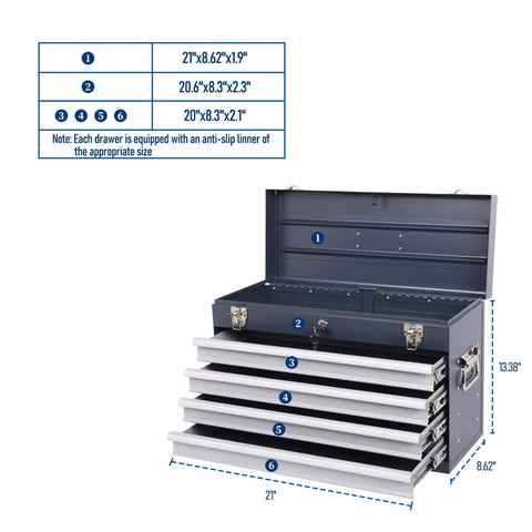 Road Ready 21 Inch Auto Locking Tool Chest, Freestanding Utility Cabinet With Ball Bearing Slides And Eva Padded Drawers, Quick Load Carry Handle For Mobile Workshop In Antique Grey dimensions and features.