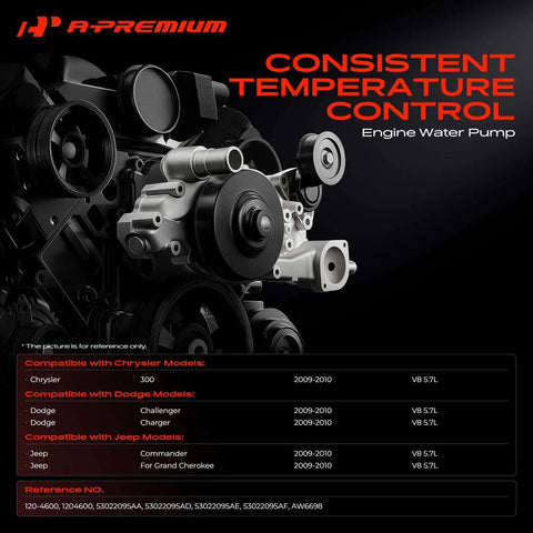 Rock Solid Engine Water Pump V8 5.7L For Dodge Charger Challenger Chrysler 300 Jeep Grand Cherokee Commander 2009 2010 close-up view