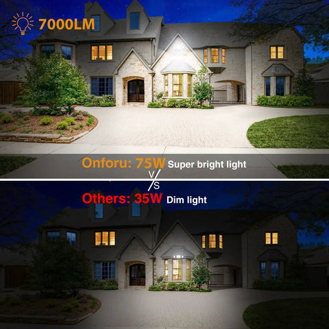 Heavy Duty 75 Watt Led Flood Lights Outdoor Light Up Your Spot With Zero Hassle This Switch Controlled Machine Drops Serious Lumens And Features IP65 Weather Seal Plus Three Flex Heads For Maximum Yard And Driveway Coverage, showcasing brightness difference with 7000lm output.