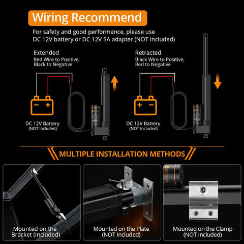 Wiring diagram for Beefy Heavy Duty 12V Linear Actuator Generating 3000N Force with installation options.