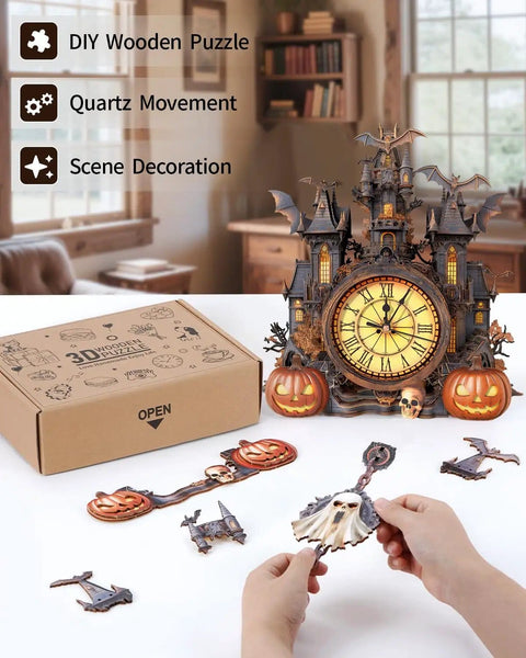 Hands assembling Halloween Castle 3D Puzzle Clock Kit For Adults With Pendulum DIY Wooden Clock Puzzle For Home Decor Gothic Cottage Vibe Bat Silhouettes Pumpkin Lamps Roman Numeral Dial Gift For Men Women Teens