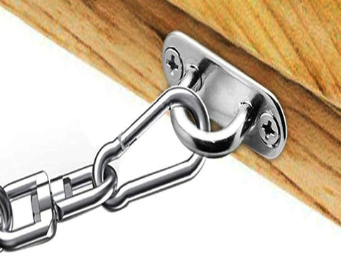 4 Pack 3.1 Inch 304 Stainless Steel Ceiling Hooks Pad Eyes Plate Rustproof Marine Hardware securely attached to a wooden surface.