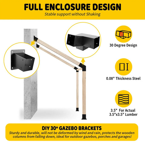 Four Pack 3-Way Slanted Roof Corner Brackets For 4x4 Posts With Wall Mount Base, 30 Degree Right Angle For Pergolas Gazebos Porches, Heavy Duty Galvanized Steel, Matte Black Finish, Rust Resistant, For 3.5x3.5 Lumber