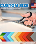 Custom size fabric being cut with scissors, various colors displayed, promoting Beige 14x14 Square Waterproof Sun Shade Sail Canopy For Outdoor Patio Backyard Carport With UPF Fifty UV Blockage And Water Resistant Fabric 20 Degree Tilt For Quick Drain Custom Size Available