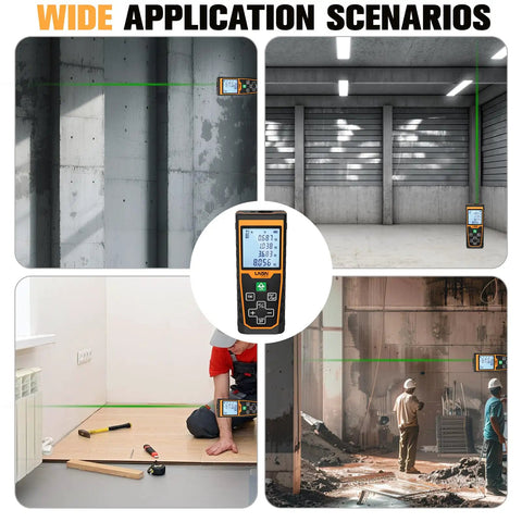 Heavy Duty Laser Distance Meter Featuring Slick Green Beams And Up To 262 Foot Range Rechargeable Battery with LCD in use on job site.