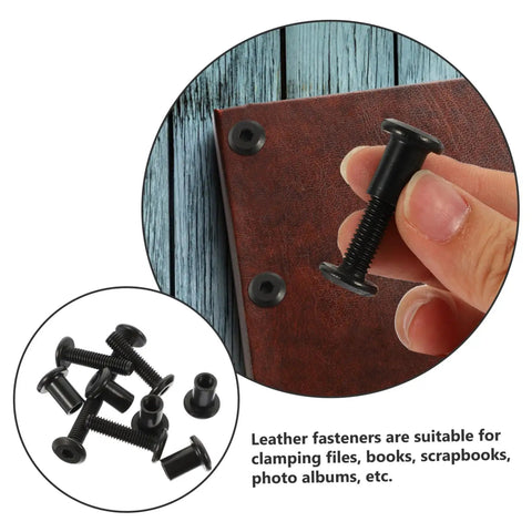 5 Sets M6 Chicago Screws Stainless Steel Barrel Nuts Hex Socket Binding Posts shown clamping leather, ideal for photo albums.