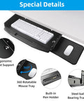 Heavy Duty Under Desk Keyboard Tray With Super Slick Glide Mechanism And 360 Rotating Mouse Platform Built Like A Tank For An Ergonomic Home Office Desk Setup At 28 Inches Long showing keyboard, mouse tray, and built-in pen holder.