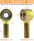 7/8-14 Right Hand 4130 Chromoly Rod Ends with 9/16 Bore for Steering Tie Rods, showcasing dimensions and Delrin bushing.