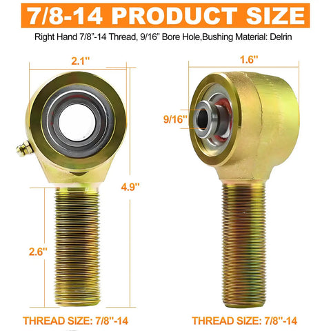 7/8-14 Right Hand 4130 Chromoly Rod Ends with 9/16 Bore for Steering Tie Rods, showcasing dimensions and Delrin bushing.