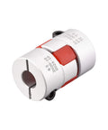 Heavy Duty Flexible Jaw Coupler Shaft Connector For Servo Motors Built Like A Tank For Smooth Torque Delivery And No Sweat Alignment Tuning In A Standard 6 35Mm To 8Mm Bore Fit, shown from side view with red rubber insert.