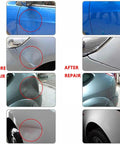 Before and after images of car dents repaired using Gnarly Paintless Dent Repair Kit, showing smooth surfaces.