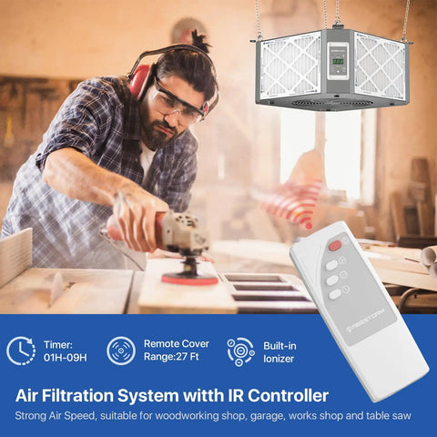 Man using a saw with 360 Degree Intake Air Filtration System For Woodworking With Built-In Ionizer, 1350 CFM and remote control visible