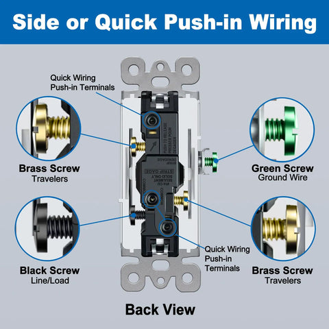 Back view of 30 Pack Three Way Decorator Light Switches, 15 Amp 120 Volt 277 Volt, push-in terminals and screw details.