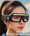 Rechargeable LED Lighted Glasses With Motion Sensor And Touch Control Five Mode Hands Free Headlight Eyewear For Night Running Camping And Cycling USB C Trail Ready Glasses Built Different And Shine Bright worn by a woman outdoors.