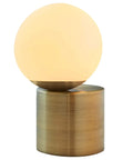 Modern Glass Globe Table Lamp With LED Bulb, Brass Finish, Off Center Milky White Glass Sphere, 7 Inch Diameter, 10 Inch Height