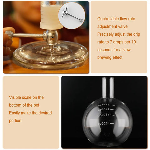 Slick Cold Brew Coffee Tower Featuring A Reliable Ice Drip System For Bold Flavor Kick Holds A Humongous 3000ML Glass Jar with flow adjustment valve.