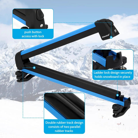 Heavy Duty Aluminum Roof Ski Rack With Secure Strap Carrier For Skis Snowboards And Paddleboards Universal Crossbar Fit showing lock and rubber tracks.
