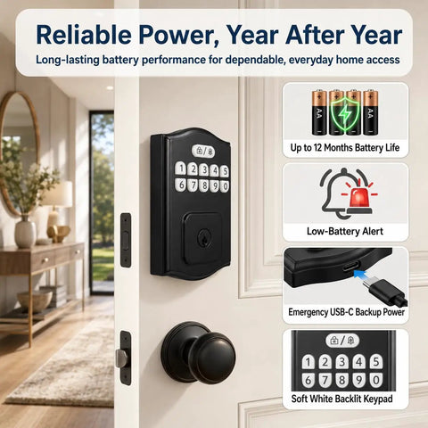 Slick Keyless Entry Door Lock With Keypad Electronic Deadbolt featuring a soft white backlit keypad and emergency USB-C backup power.