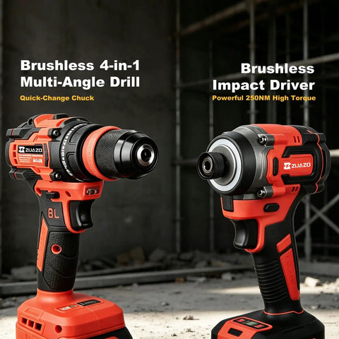 Top Shelf 21V Brushless Cordless Drill And Impact Driver Combo with multi-angle drill and high torque driver.