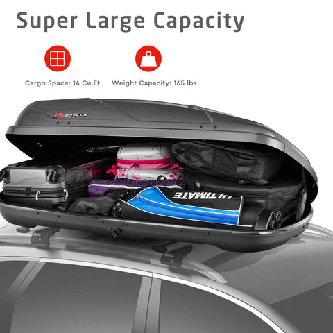 Rock Solid Rooftop Cargo Carrier Hard Shell Waterproof Gear Box featuring 14 cu ft of storage filled with various bags.