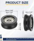 Heavy Duty U Groove Ball Bearing Rollers Designed For Smooth Sliding Doors And Windows Pack Of Four Black Nylon Pulley Guide Wheels With Stainless Steel Tracks dimensions labeled 25mm diameter and 10mm width.