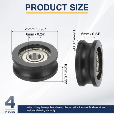 Heavy Duty U Groove Ball Bearing Rollers Designed For Smooth Sliding Doors And Windows Pack Of Four Black Nylon Pulley Guide Wheels With Stainless Steel Tracks dimensions labeled 25mm diameter and 10mm width.