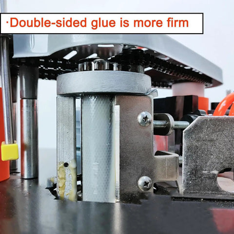 Close-up of Benchtop Portable Edge Bander For Woodworking With Double Sided Gluing Edge Banding Machine Pro Grade 1200W mechanism