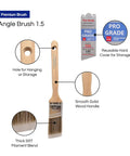 12 Pack One Point Five Inch Angle Paint Brushes With Thick Synthetic Filament For Quick Cut Ins On Walls And Trim Durable Wooden Comfort Grip Handle For Smooth Finishes And Fewer Streaks, features labeled.