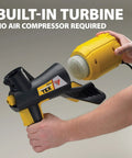 Pro Grade Electric Texture Sprayer Featuring Three Ready To Roll Swappable Nozzles For Acoustical Popcorn Knockdown Orange Peel Coatings On Ceilings Walls Fast Lock N Go Setup Makes Weekend Renovations A Breeze, showing built-in turbine attachment.
