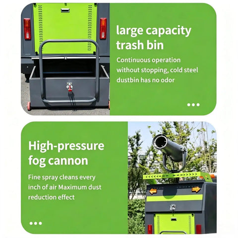 Heavy Duty Industrial Floor Sweeper Machine For Warehouses And Factories features large capacity trash bin and high-pressure fog cannon.