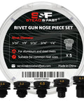 Top Shelf Rivet Gun Retention Nose Pieces 5 Pack With Dead On Sizing For Fast Aluminum And Steel Fixes No Sweat Compatibility Drops Right In For Cordless Rivet Tool Kits And Milwaukee 2550 with various sizes displayed.