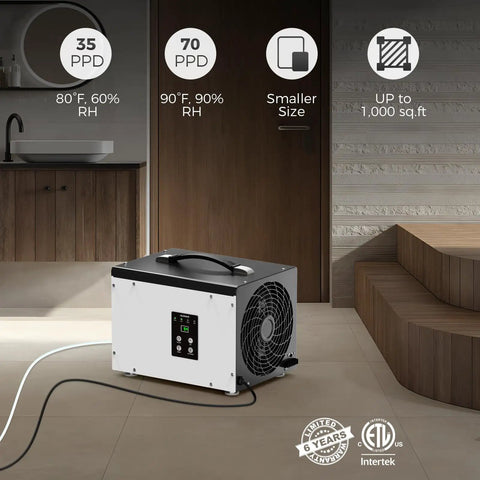 Heavy Duty Crawl Space Dehumidifier With Built In Pump For Basement Moisture Control displayed in a modern basement setting.